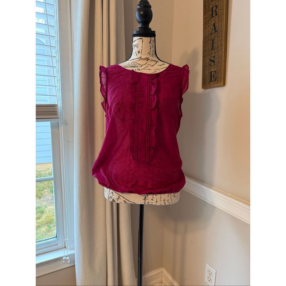 Gap Women's Ruffle Trim Keyhole Back Sleeveless Sheer Blouson Top Burgundy Small